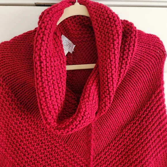 LOFT Red Knit Crochet Poncho with Tassel Fringe (One Size) - Picture 3 of 5